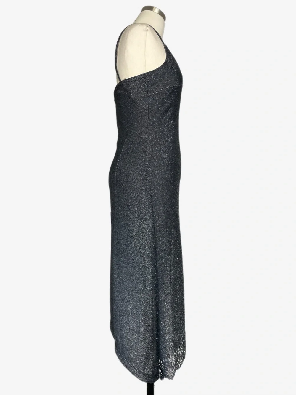 Vintage Y2K Rampage Silver metallic floral laser cut asymmetric slip dress S/M